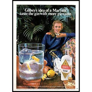 1982 Gilbey's Gin Vintage Print Ad Blue Dress Palm Tree Martini Lemon Wall Art